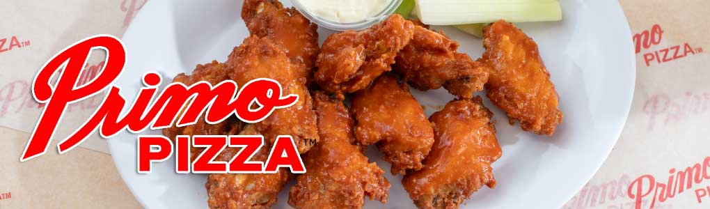 A picture of Primo's Buffalo Wings Served with Bleu Cheese & Celery Choice Of Hot, Medium, Mild, BBQ Sauce Or Honey BBQ